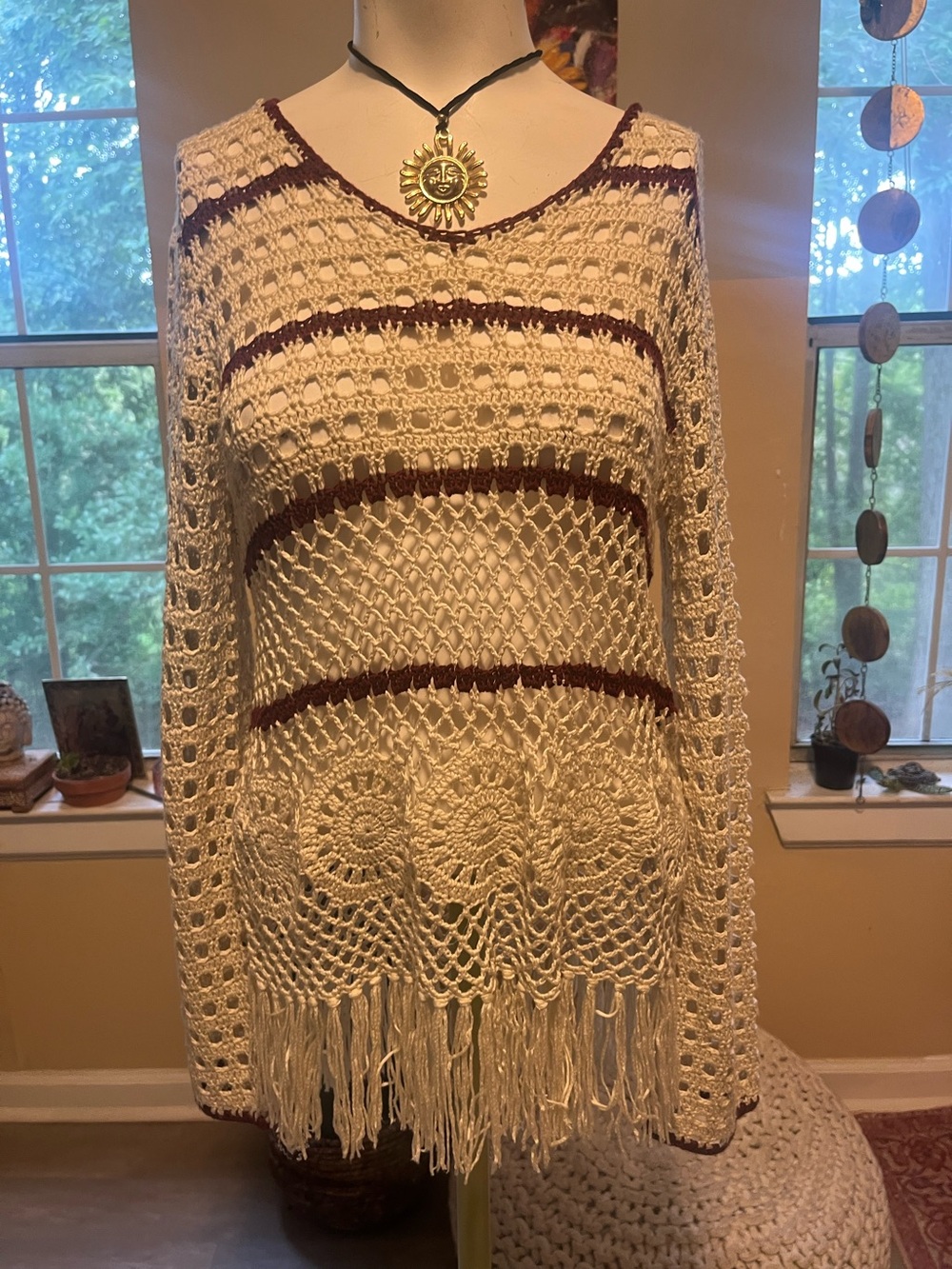 Altr’d State Boho Crochet Fringe Sweater - Cream with Brown Stripes